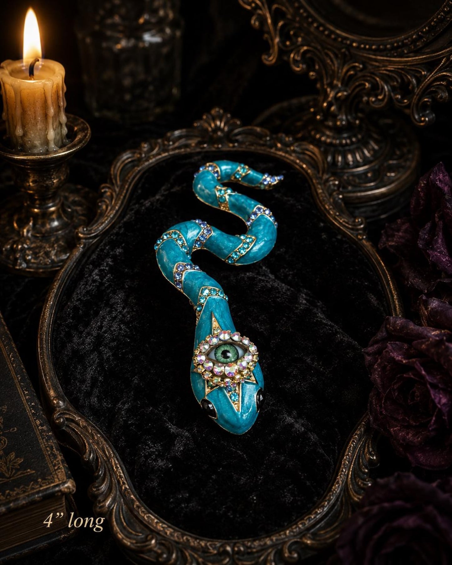 Turquoise Snake Eye Brooch – Gothic Statement Pin – Surreal Serpent Jewelry – 4 Inch Wearable Art