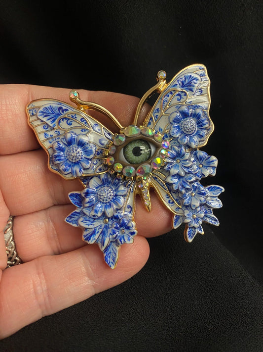 Blue China Butterfly Brooch | Porcelain Look Floral Eye Pin | Blue Willow Inspired Statement Jewelry
