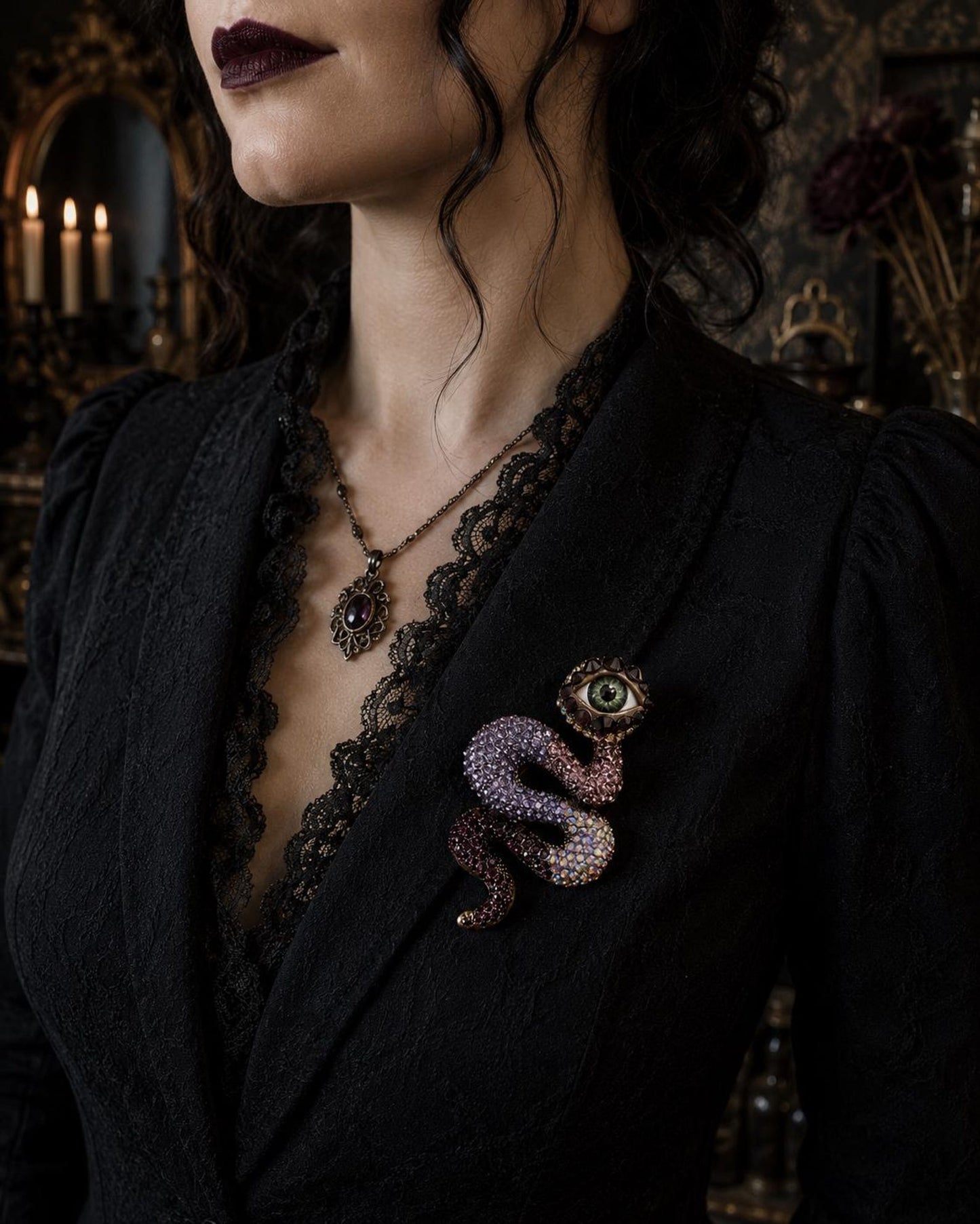 Purple Rhinestone Snake Brooch with Realistic Eye – Gothic Assemblage Wearable Art