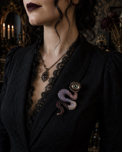 Purple Rhinestone Snake Brooch with Realistic Eye – Gothic Assemblage Wearable Art