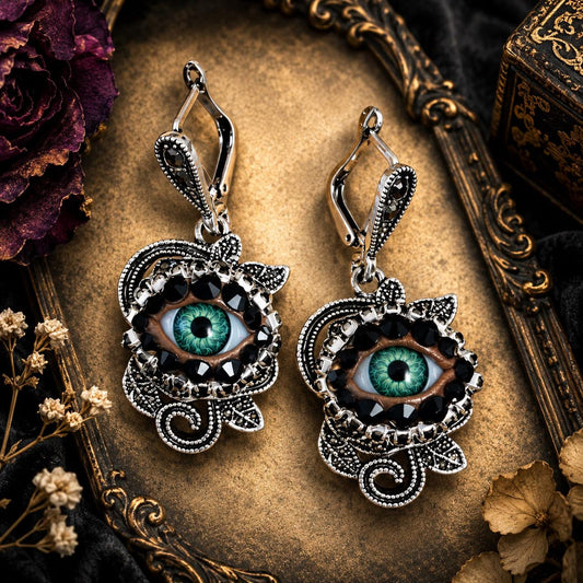 Antiqued Silver Rose - Eyeball Art Earrings with Natural Green Irises and Hand Placed Rhinestones!