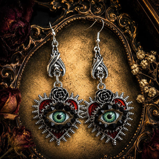 Gothic Silver Tone Spikey Heart Eye Earrings with Bat Accent! Hand Placed Rhinestones!