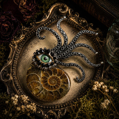 Ammonite Fossil Brooch: Surreal Green Eye Rhinestone Pin