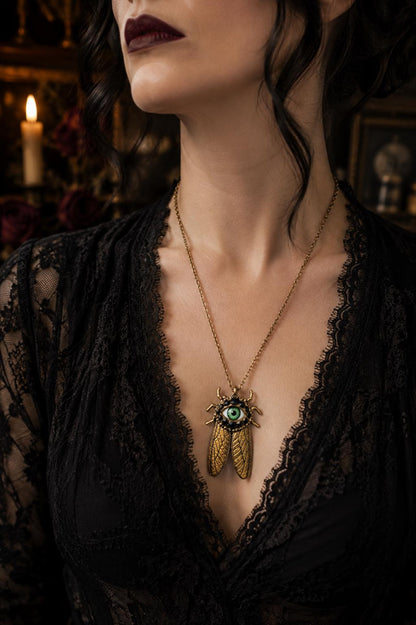 Antiqued Gold Cicada Pendant Necklace, Green Eye Rhinestone Jewelry