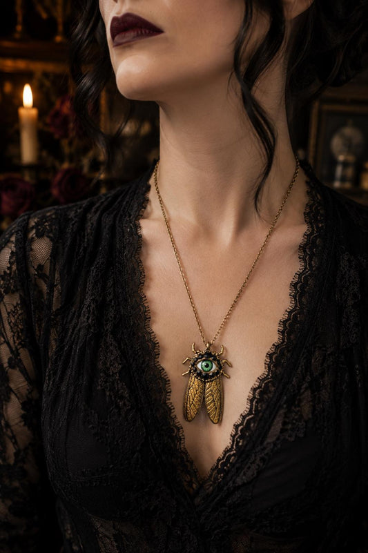 Antiqued Gold Cicada Pendant Necklace, Green Eye Rhinestone Jewelry
