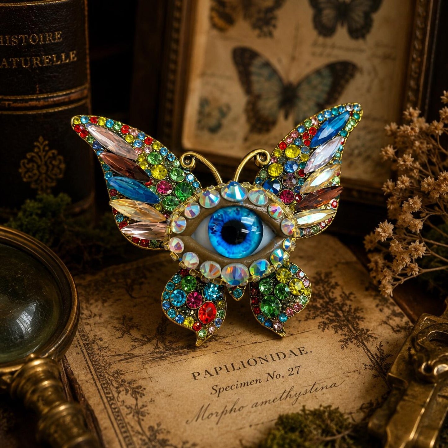 Surreal Evil Eye Butterfly Brooch | Aqua Blue Glass Iris Pin