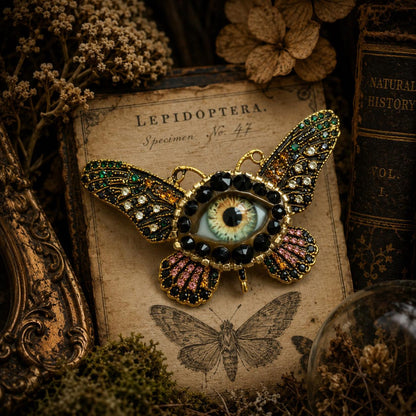 Surreal Evil Eye Butterfly Brooch | Green Glass Eye Pin