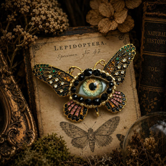 Surreal Evil Eye Butterfly Brooch | Green Glass Eye Pin