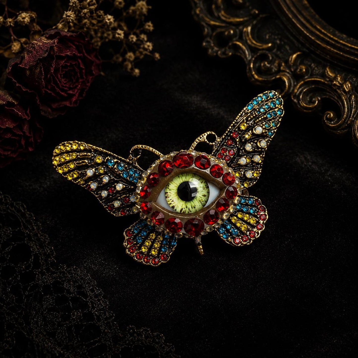 Surreal Evil Eye Butterfly Brooch | Green Glass Eye Pin