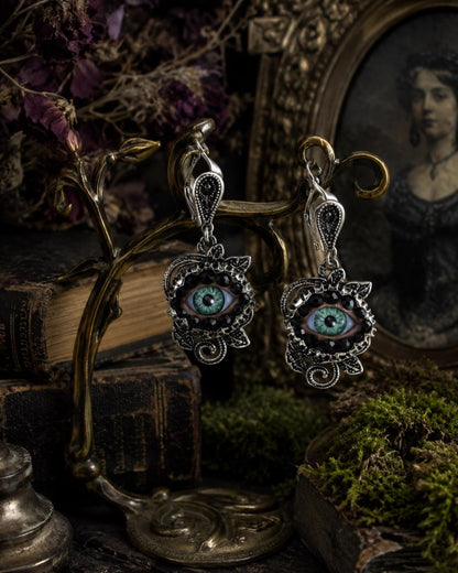 Antiqued Silver Rose - Eyeball Art Earrings with Natural Green Irises and Hand Placed Rhinestones!