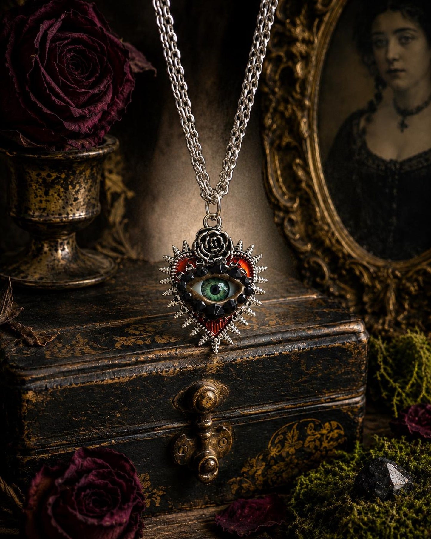Spikey Heart with Rose Silver Tone Eye Art Gothic Pendant Necklace! Hand Placed Rhinestones!