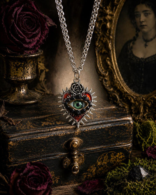 Spikey Heart with Rose Silver Tone Eye Art Gothic Pendant Necklace! Hand Placed Rhinestones!
