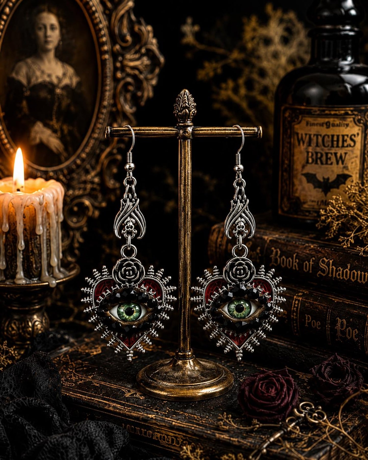 Gothic Silver Tone Spikey Heart Eye Earrings with Bat Accent! Hand Placed Rhinestones!