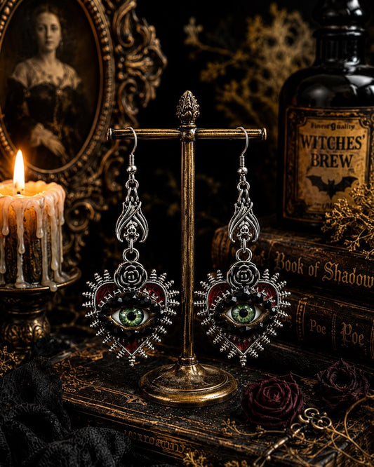 Gothic Silver Tone Spikey Heart Eye Earrings with Bat Accent! Hand Placed Rhinestones!