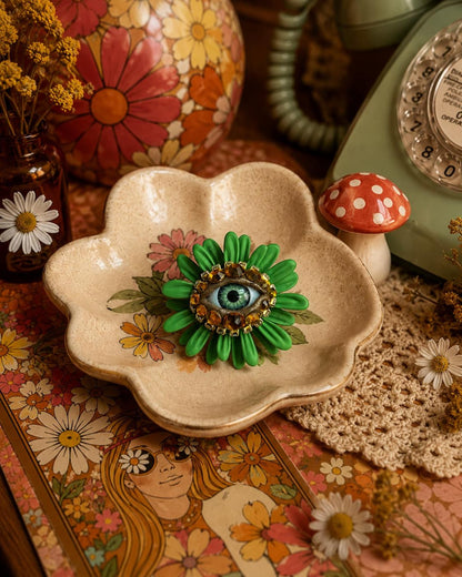 Spring Statement Green Flower Eye Art Jewelry Brooch Pin! Painted Metal!