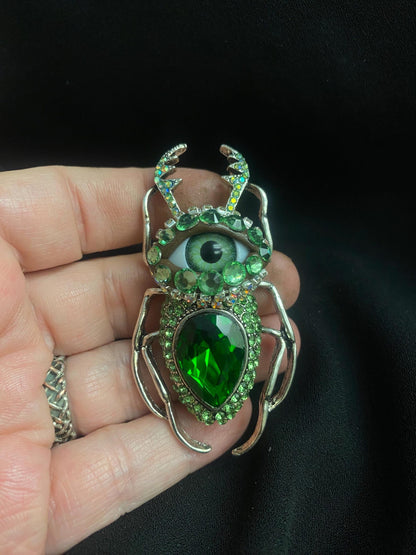 Green Eyeball Beetle Brooch, Emerald Rhinestone Bug Pin, Gothic Insect Jewelry