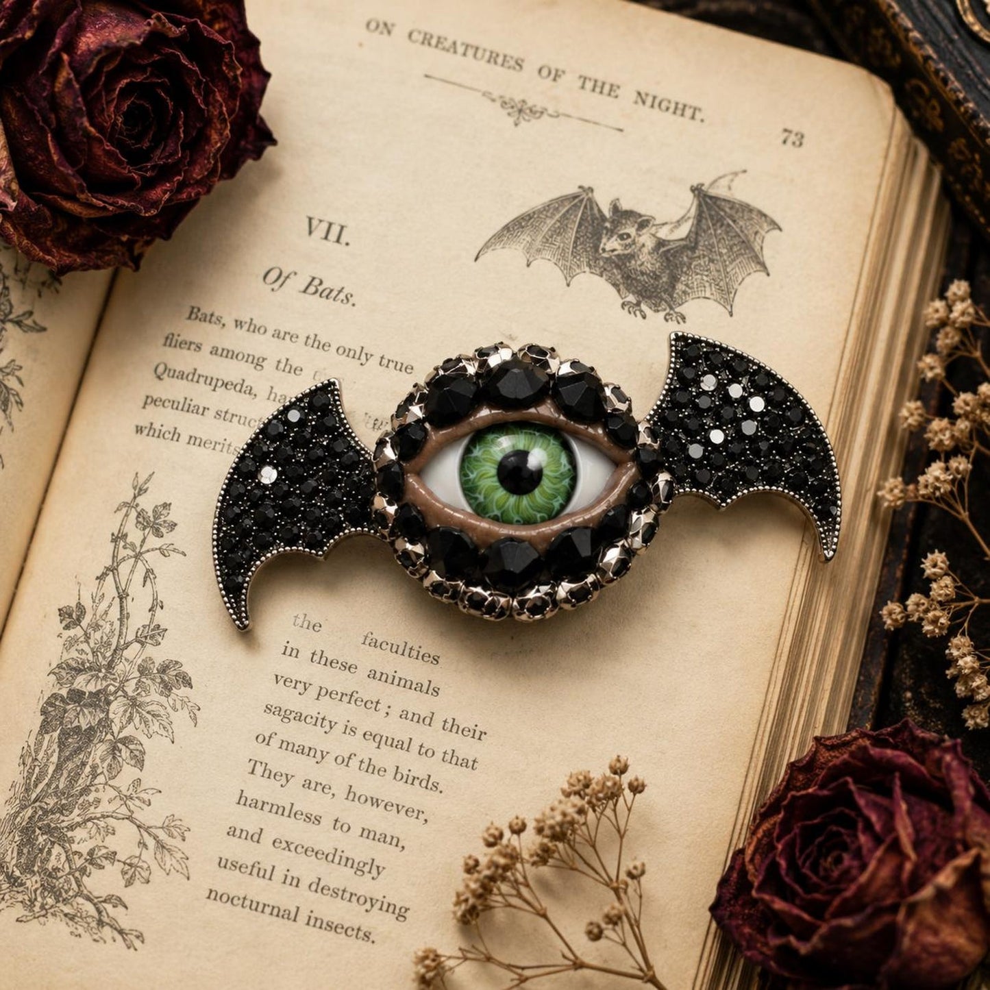 Little Baby Bat Wing Eyeball Art Brooch, Black Stones & Rhinestones