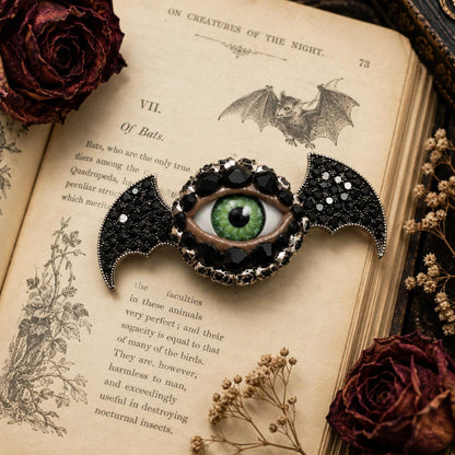 Little Baby Bat Wing Eyeball Art Brooch, Black Stones & Rhinestones