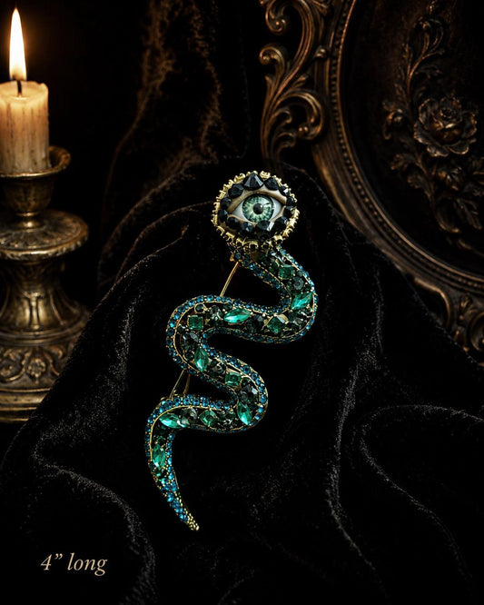 Emerald Snake Eye Brooch – Gothic Statement Pin – Surreal Serpent Jewelry – 4 Inch Wearable Art