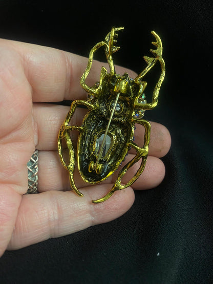 Blue Crystal Beetle Brooch, Gothic Eye Insect Pin, Victorian Scarab Jewelry, Fantasy Statement Brooch