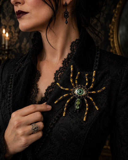 Hand-Painted Spider Brooch, Gothic Eye Pin, Statement Insect Jewelry, Fantasy Halloween Accessory