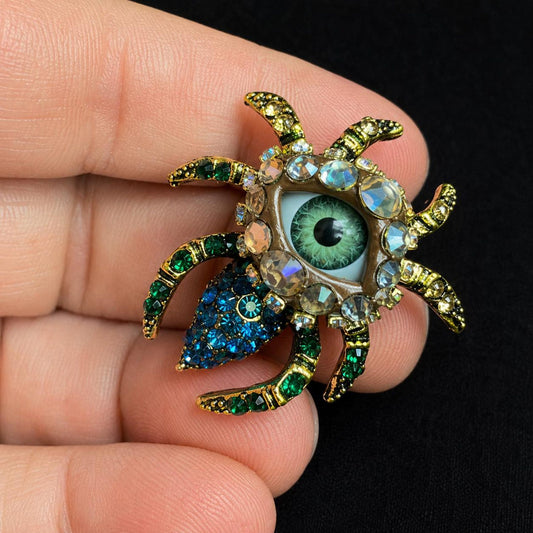 Bold Aqua Petite Bejeweled Spider Eye Art Brooch! Surreal Jewelry Lapel Pin!