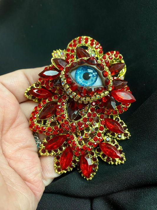 Ruby Red Evil Eye Brooch, Victorian Assemblage Pin, Gothic Rhinestone Statement Jewelry, OOAK