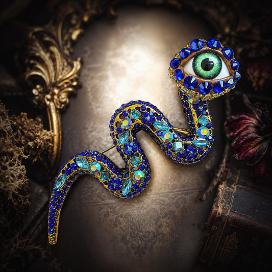Cobalt Snake Eye Brooch – Gothic Statement Pin – Surreal Serpent Jewelry – 4 Inch Wearable Art