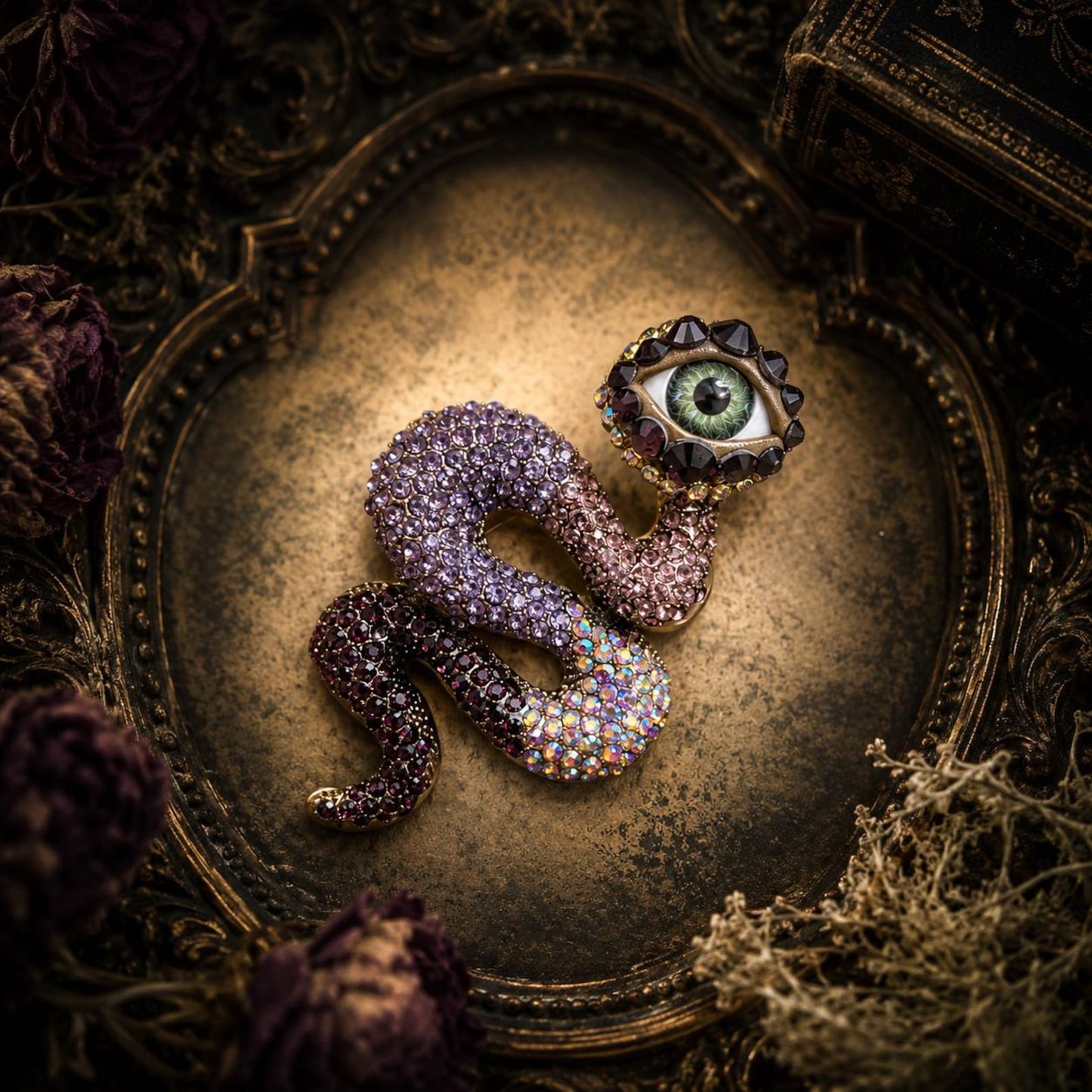 Purple Rhinestone Snake Brooch with Realistic Eye – Gothic Assemblage Wearable Art