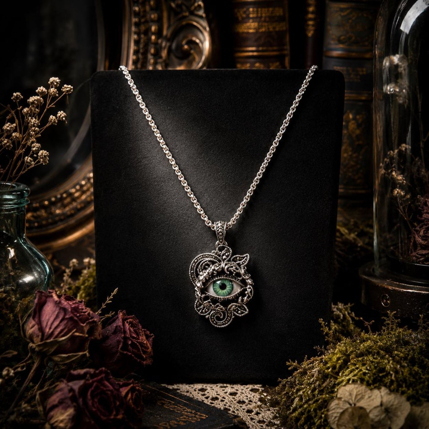 Antiqued Silver Tone Rose Eyeball Art Necklace, Green Eye Rhinestone Pendant
