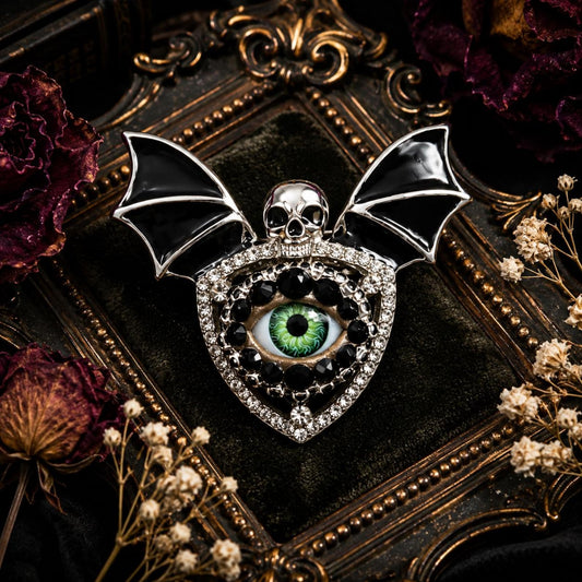 Gothic Skull with Batwings Eyeball Art Brooch - Eye Jewelry Pin - Goth Fashion! Unique!