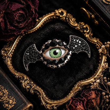 Little Baby Bat Wing Eyeball Art Brooch, Black Stones & Rhinestones