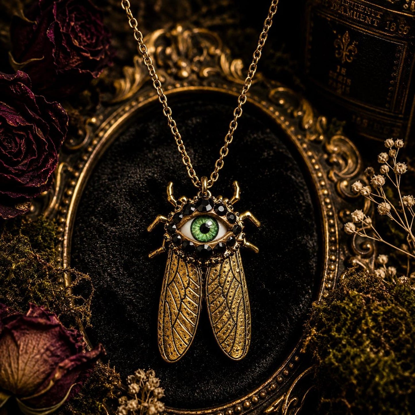Antiqued Gold Cicada Pendant Necklace, Green Eye Rhinestone Jewelry
