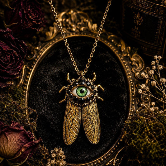 Antiqued Gold Cicada Pendant Necklace, Green Eye Rhinestone Jewelry