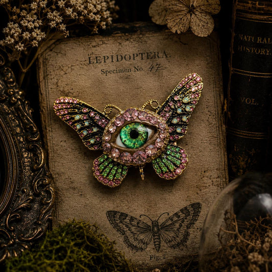 Surreal Evil Eye Butterfly Brooch | Green Glass Eye Pin