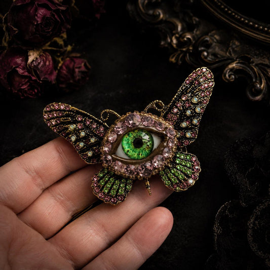 Surreal Evil Eye Butterfly Brooch | Green Glass Eye Pin