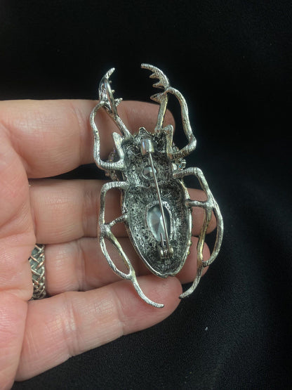 Green Eyeball Beetle Brooch, Emerald Rhinestone Bug Pin, Gothic Insect Jewelry
