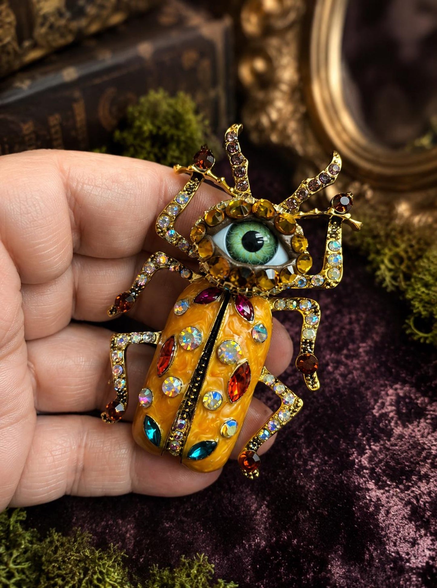 Giant Enameled Beetle Brooch, Rhinestone Eyeball Art Pin (3”x2”