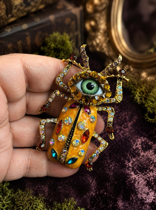 Giant Enameled Beetle Brooch, Rhinestone Eyeball Art Pin (3”x2”