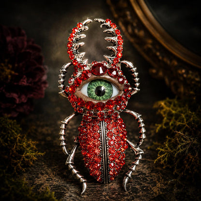 Red Beetle Brooch, Gothic Eye Insect Pin, Victorian Scarab Jewelry, Rhinestone Statement Brooch, Halloween Gift