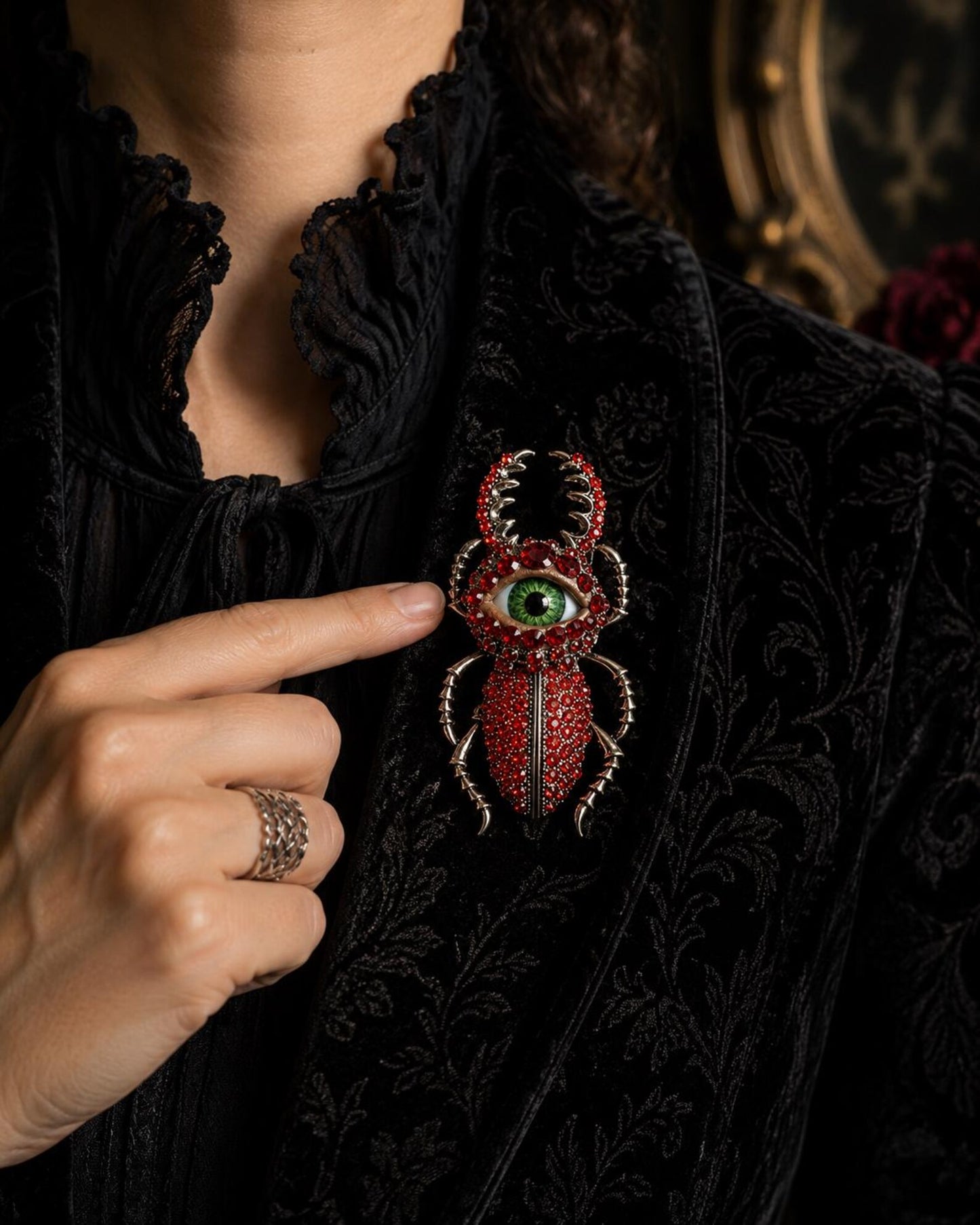 Red Beetle Brooch, Gothic Eye Insect Pin, Victorian Scarab Jewelry, Rhinestone Statement Brooch, Halloween Gift