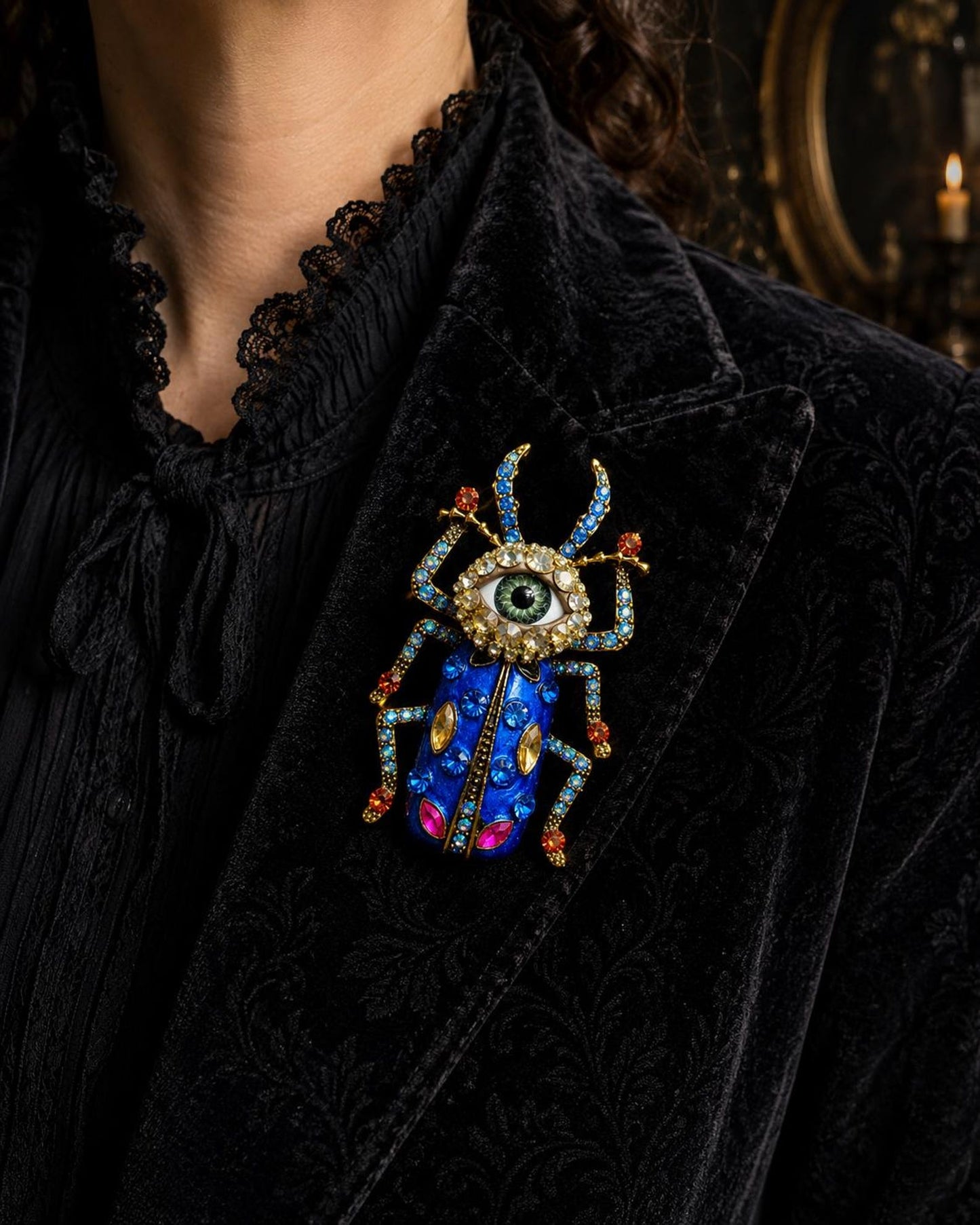 Cobalt Blue Beetle Brooch, Gothic Eye Insect Pin, Victorian Scarab Jewelry, Rhinestone Statement Piece
