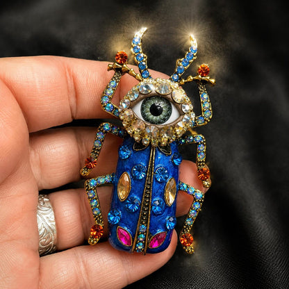 Cobalt Blue Beetle Brooch, Gothic Eye Insect Pin, Victorian Scarab Jewelry, Rhinestone Statement Piece