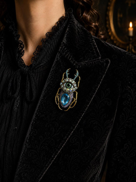 Blue Crystal Beetle Brooch, Gothic Eye Insect Pin, Victorian Scarab Jewelry, Fantasy Statement Brooch