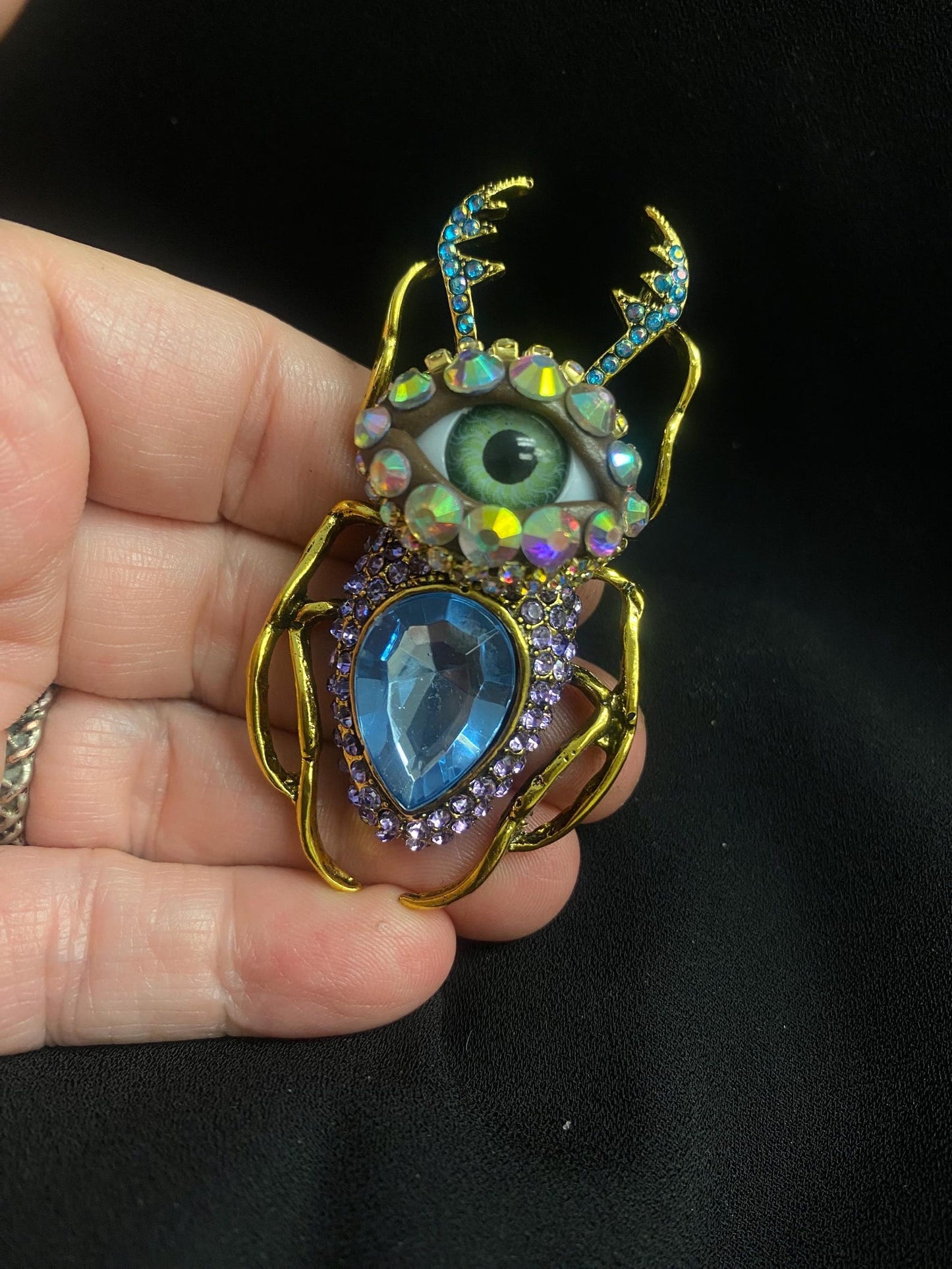 Blue Crystal Beetle Brooch, Gothic Eye Insect Pin, Victorian Scarab Jewelry, Fantasy Statement Brooch