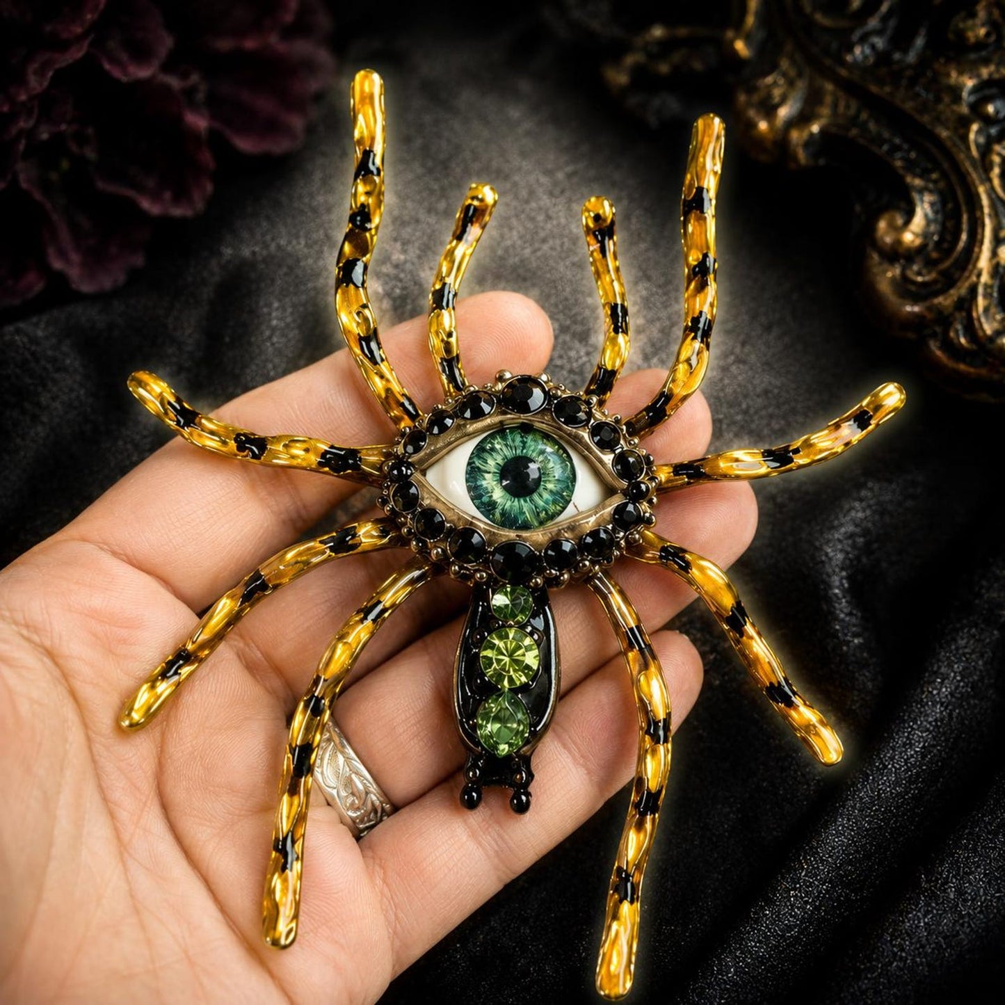Hand-Painted Spider Brooch, Gothic Eye Pin, Statement Insect Jewelry, Fantasy Halloween Accessory