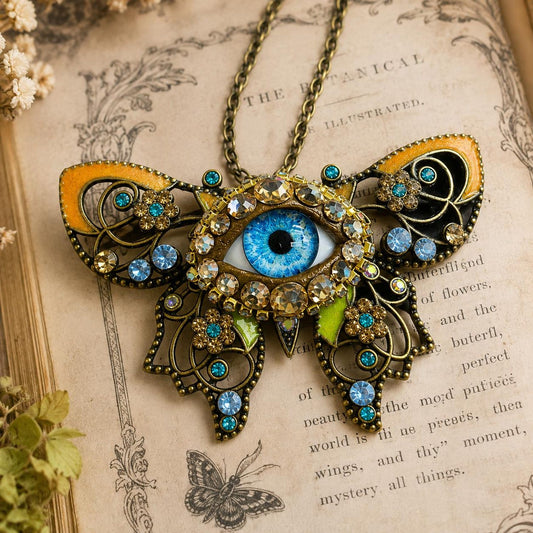 Blue Evil Eye Butterfly Necklace, Gothic Filigree Statement Pendant, 22 Inch Chain