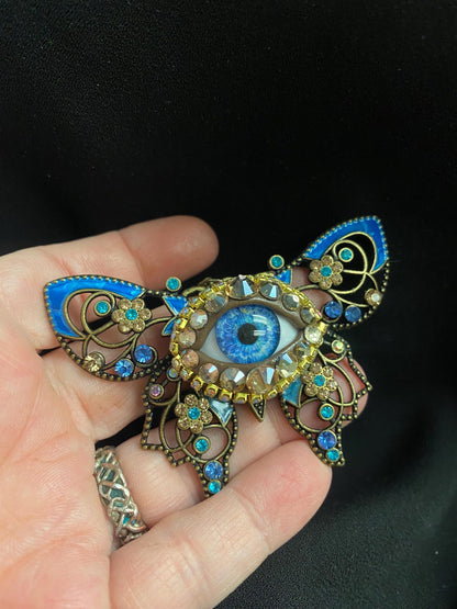Blue Evil Eye Butterfly Necklace, Gothic Statement Pendant, Victorian Fantasy Jewelry