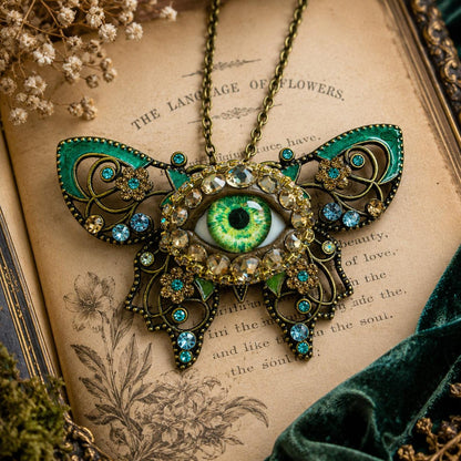 Green Evil Eye Butterfly Necklace, Gothic Statement Pendant, Victorian Fantasy Jewelry