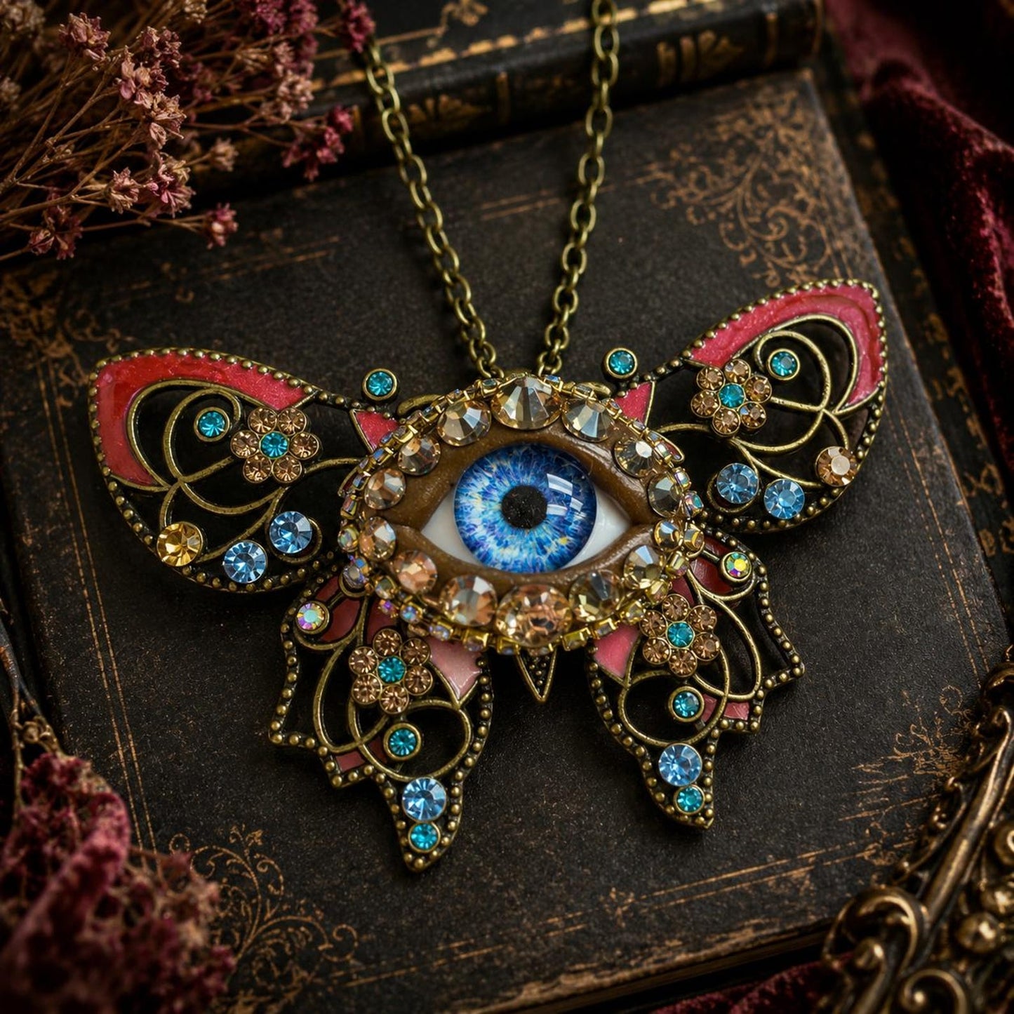 Red Evil Eye Butterfly Necklace, Gothic Statement Pendant, Victorian Fantasy Jewelry